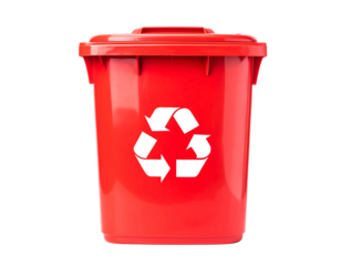 Red recycling bin with white symbol on a black background, front view, top lid present, glossy, no shadow effect