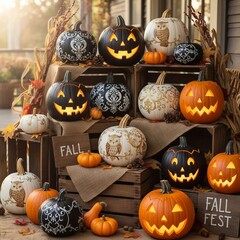 Charming Collection of Colorful Pumpkins Displayed on Crates Surrounded by Fall Decor and Leaves