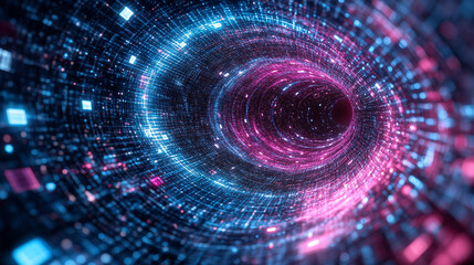 A holographic spiral of floating data cubes glows with digital light, forming a futuristic abstract scene. It symbolizes information flow, technology, innovation, and the dynamic pulse of modern data 