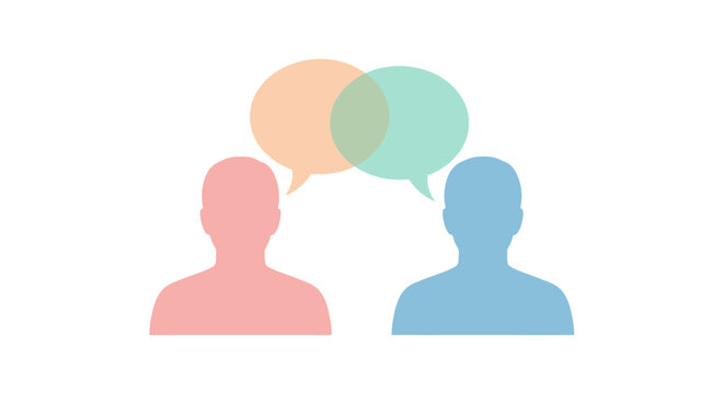 Two figures facing each other with overlapping speech bubbles above