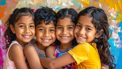 Colorful Portraits of Diverse Children Sharing Hugs