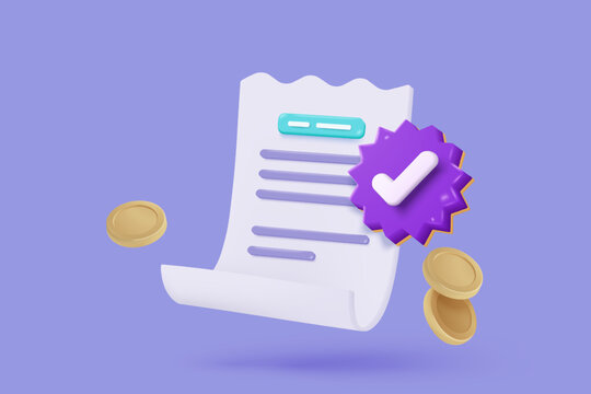 3D bill icon for payment transaction with notice. paper receipt for shopping offer in store. Business invoice bill expenses idea concept. 3d invoice list icon vector render illustration