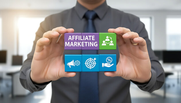 AFFILIATE PROGRAM. Affiliate Marketing Program Concept. Partnership marketing in social media. Refer a friend concept