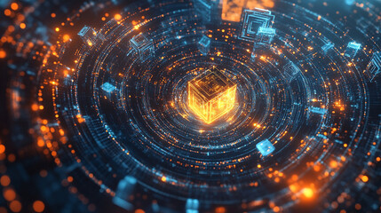 A holographic spiral of floating data cubes glows with digital light, forming a futuristic abstract scene. It symbolizes information flow, technology, innovation, and the dynamic pulse of modern data 