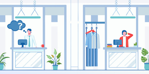 Two people working in an office environment with a thought bubble showing a question mark and clothes hanging on a rack