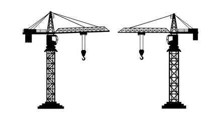 Two black and white illustrations of tower cranes in a simple style