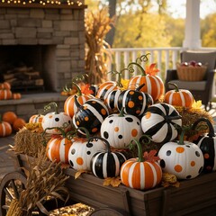 Vibrant Fall Scene Featuring Unique Polka-Dotted and Striped Pumpkins Set Against a Backdrop of Nature