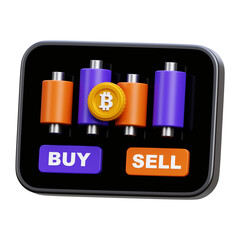 3D Bitcoin Trading Platform - Buy and Sell Decisions, Candlestick Chart Analysis, and Crypto Market Icon