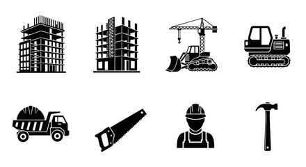 Construction icons set featuring buildings machinery tools and worker safety