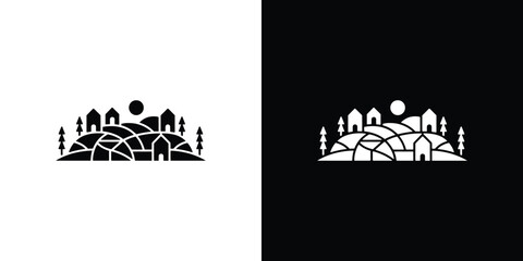 Black & White Rural Farm Scenery Silhouette with Houses, Trees and Agriculture
