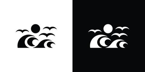 Black and White Icon with Sun, Birds, and Ocean Waves on Transparent Background