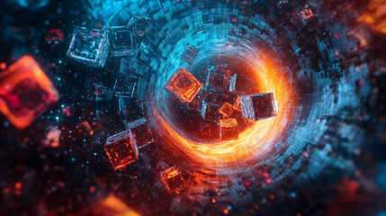 A holographic spiral of floating data cubes glows with digital light, forming a futuristic abstract scene. It symbolizes information flow, technology, innovation, and the dynamic pulse of modern data 