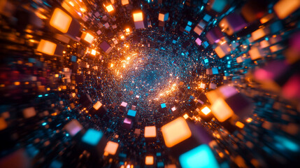 A holographic spiral of floating data cubes glows with digital light, forming a futuristic abstract scene. It symbolizes information flow, technology, innovation, and the dynamic pulse of modern data 