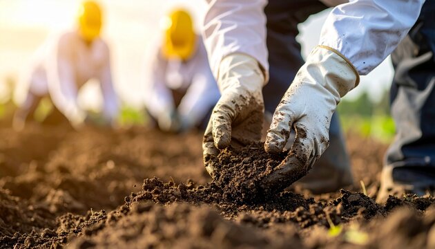 Hands of Scientists Examining Soil Texture in Outdoor Research for Environmental Conservation and Agricultural Development