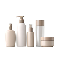 Beige cosmetic bottles and jars in a group, minimal and neutral