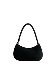 Elegant black purse with a curved handle on a stark black background