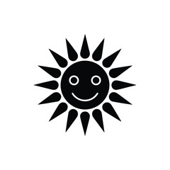Cheerful Sun with Rays Smiling Face Black Illustration, Transparent Background
