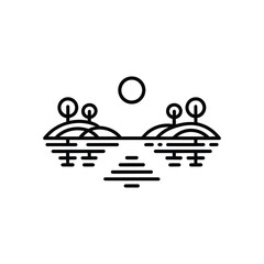 Coastline Island Landscape with Trees Water and Moon in Black Line Style on White