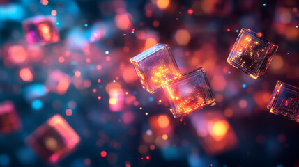 A holographic spiral of floating data cubes glows with digital light, forming a futuristic abstract scene. It symbolizes information flow, technology, innovation, and the dynamic pulse of modern data 