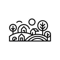 Countryside Outline Icon with Hills, Houses, Trees, and Sun on Transparent Background