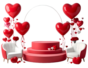 Red tiered platform stage with heart balloons, flowers, chairs on black backdrop with white arch