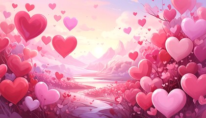 Romantic scene with floating hearts, trees, and mountain background
