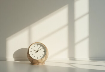 Minimal wooden clock in natural sunlight casting soft shadows on white wall, simple modern home interior concept with aesthetic design and cozy atmosphere of calm morning light  (153 characters)
