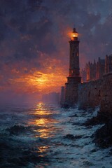 Majestic Lighthouse at Sunset with Dramatic Sky and Ocean Waves