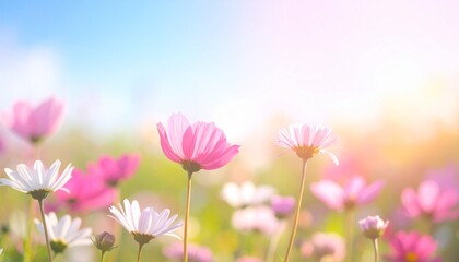 Fototapeta premium Delicate cosmos flowers bloom in a sun-drenched meadow under a soft blue sky, bathed in the warm glow of golden hour light
