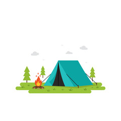 Flat Vector Camping Tent with Campfire