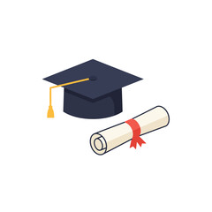 Flat Vector Graduation Cap and Diploma on White