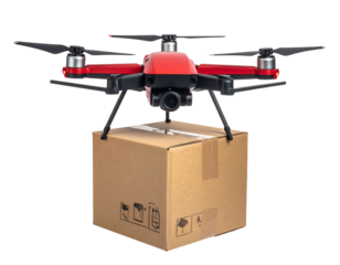 Red/black drone hovers, delivering a brown cardboard box on a black background