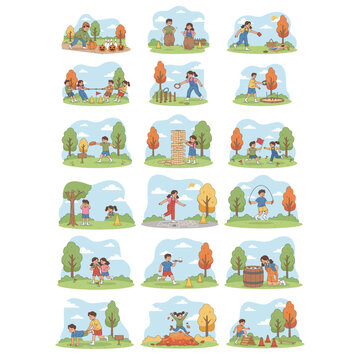 A big set of Outdoor Games illustrations featuring Apple Bobbing, Capture the Flag, Cornhole Game, Egg and Spoon Race, Frisbee Throw, designed in a colorful cartoon style on a white background