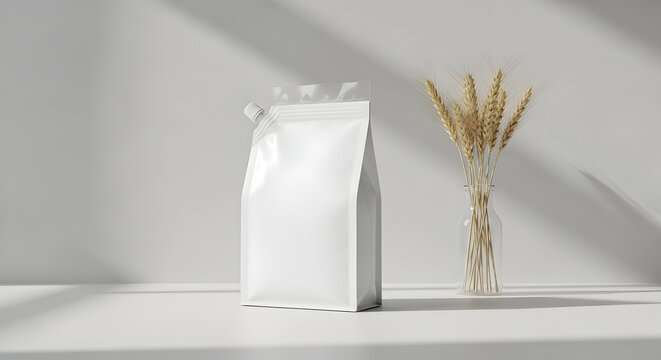 Eco-Friendly Spout Pouch Packaging Mockup for Cereals and Granola with Wheat Ears and a Minimalist Aesthetic Design