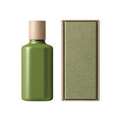 Green bottle with wood cap next to matching box