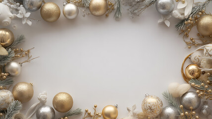 Festive holiday frame with gold and silver ornaments, pine branches, and decorative elements on a light background