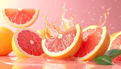 Refreshing grapefruit slices and juice splashing, with pink background