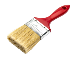 Red-handled paintbrush with tan bristles, angled against a black background, showing texture and detail