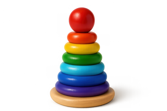 Wooden rainbow stacking rings toy promoting child development and early learning on a transparent background