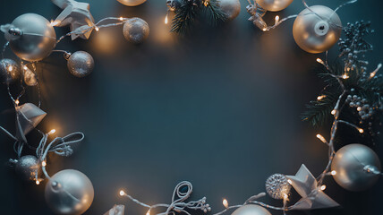 Fototapeta premium Christmas ornaments and fairy lights arranged in a circular frame on a dark background