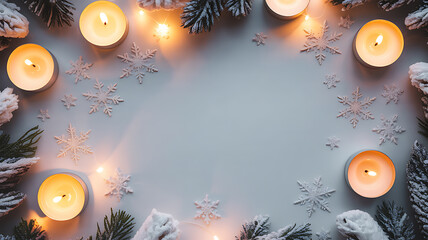 Festive winter scene with lit candles, snowflakes, and pine branches arranged in a circular frame on a light background