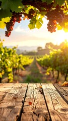 Wooden table looking over a vineyard, grapes in focus, golden hour sunlight