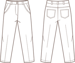 Technical pants illustration, front and back view, fashion flat sketch, garment construction, vector template, CAD drawing, apparel design, sewing pattern