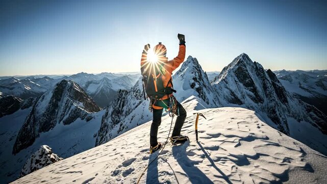 Mountaineer Climbing Snowy Mountain Peak with Ice Axe in Bright Sunlight