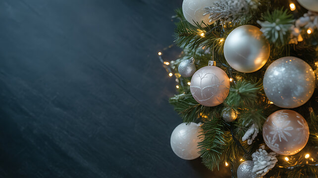 Close-up of a decorated Christmas tree with silver ornaments, pine branches, and warm fairy lights against a dark background - Powered by Adobe