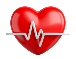 Rendered, glossy red heart with a white heartbeat waveform, against a black background