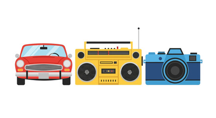 Retro trio of classic vintage objects including a red car boombox and camera isolated on a clean white backdrop isolated on white background