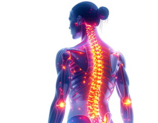 Rendering showing a female figure highlighting spine, joints with orange glowing spots, against a dark background