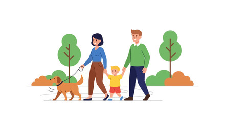Happy family walking dog in park summer outdoor leisure activity parents child enjoying nature together with pet isolated on white background