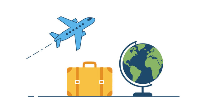Airplane flying near globe and suitcase representing global travel adventure and exploration concepts for vacation planning isolated on white background